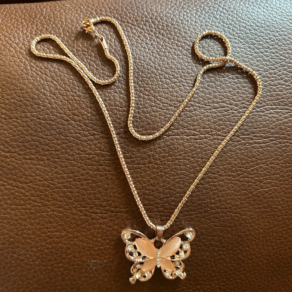 Elegant Gold Butterfly Pendant 22” Necklace